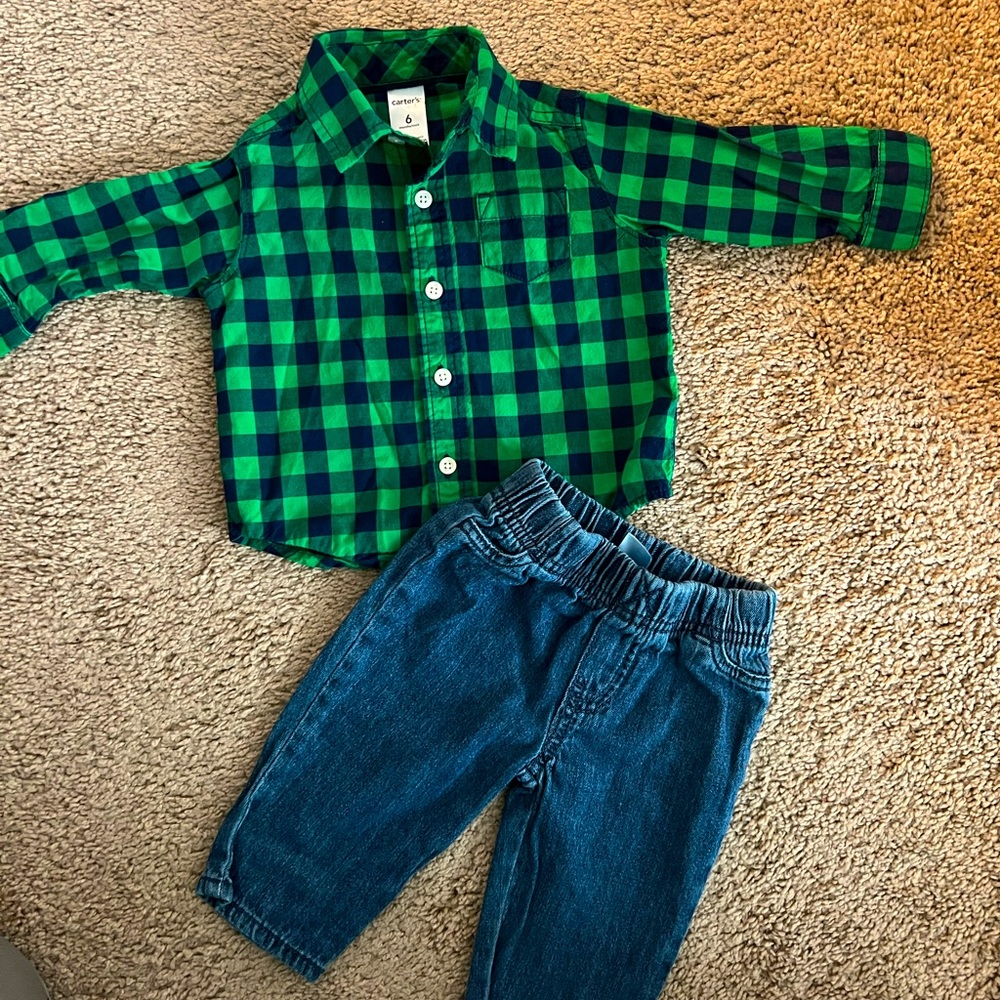 2 Piece Carters baby boys Plaid Button Front Shirt & Jean Set 6m -